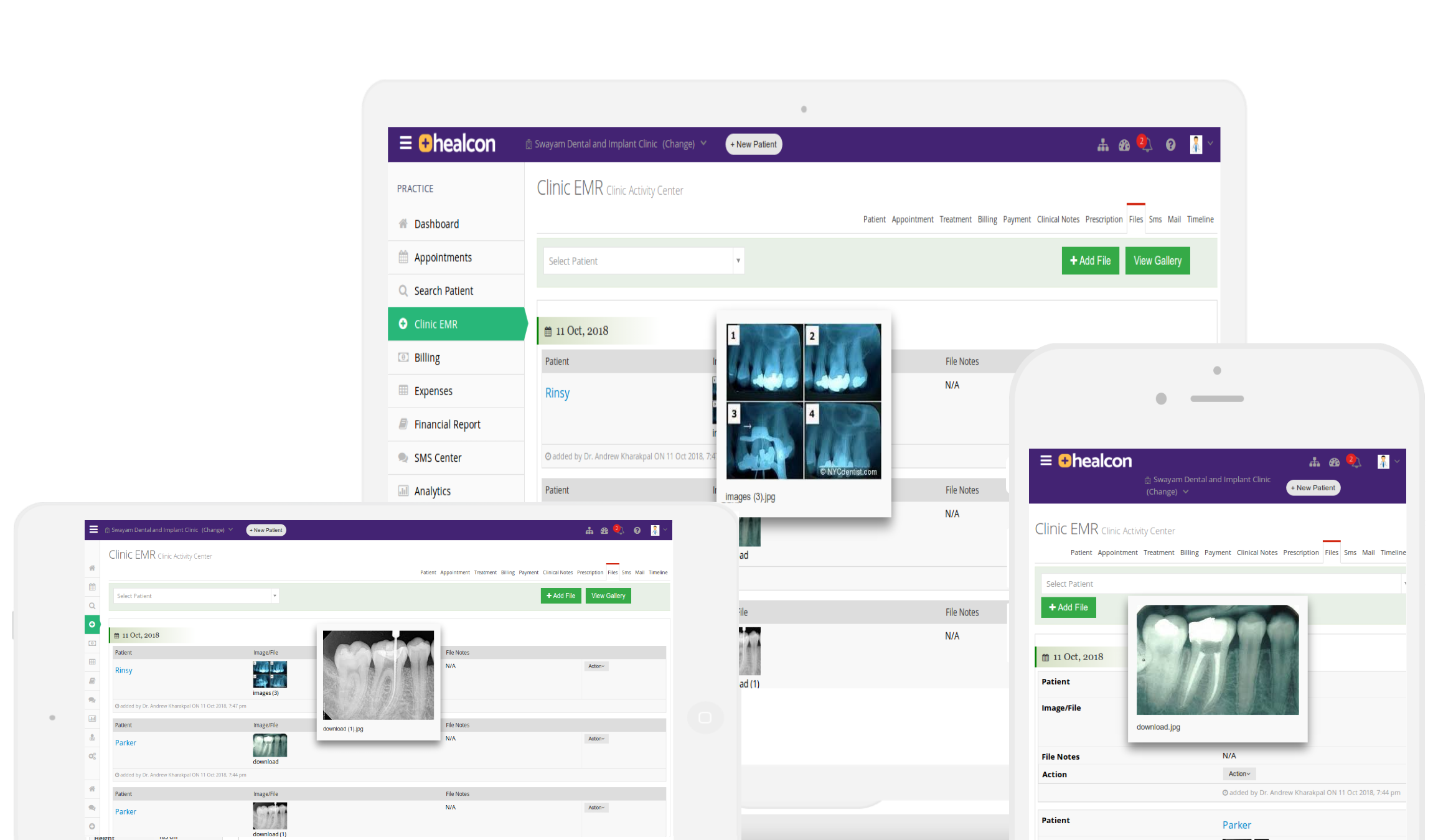 Medical imaging software dashboard showing organized X-ray and MRI scans in a clinic